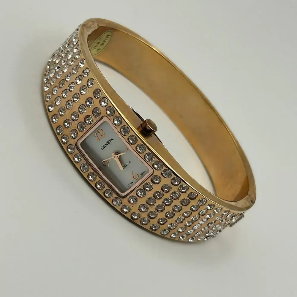 Geneva Rose Gold Crystal Embellishments Women’s Bangle  Watch New Battery